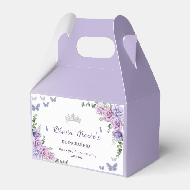 Quinceañera Purple Lilac Floral Tiara Butterflies Favour Box (Front Side)