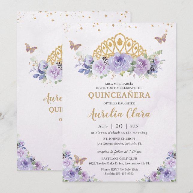 Quinceañera Purple Lilac Floral Tiara Butterflies Invitation (Front/Back)