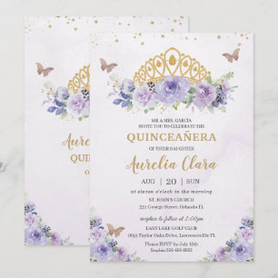 Quinceañera Purple Lilac Floral Tiara Butterflies Invitation