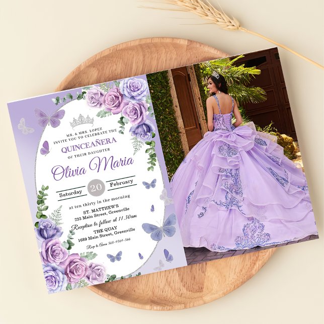 Quinceañera Purple Lilac Floral Tiara Butterflies  Invitation (Creator Uploaded)