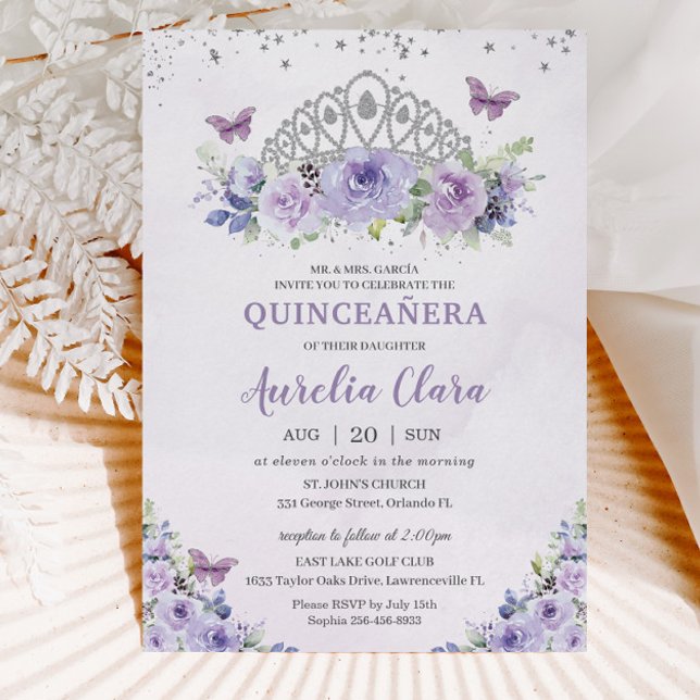 Quinceañera Purple Lilac Floral Tiara Butterflies Invitation (purple-lilac-lavender-floral-silver-crown-quinceanera-sweet-sixteen-birthday-invitation-cards)