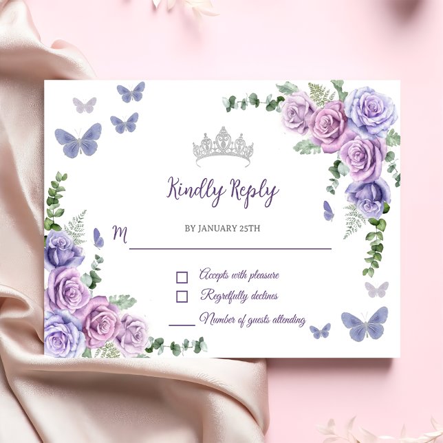 Quinceañera Purple Lilac Floral Tiara Butterflies  RSVP Card (Creator Uploaded)
