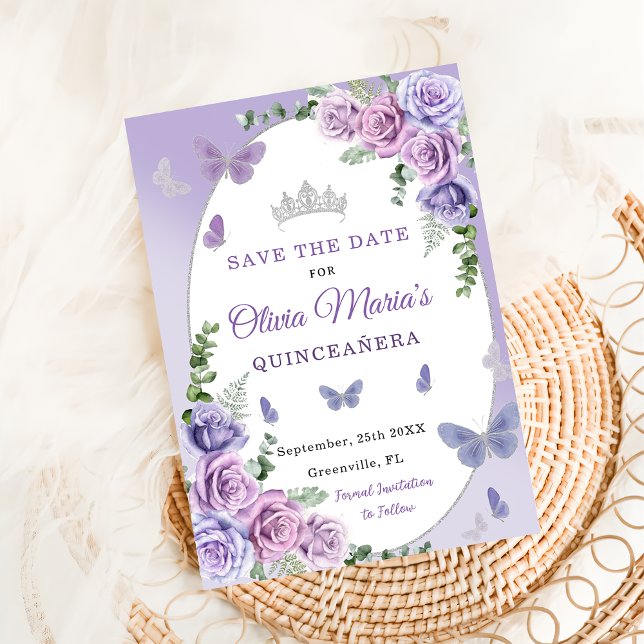 Quinceañera Purple Lilac Floral Tiara Butterflies Save The Date (Creator Uploaded)