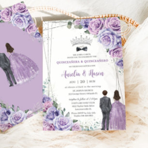 Quinceañera Purple Lilac Floral Twins Boy Girl Invitation