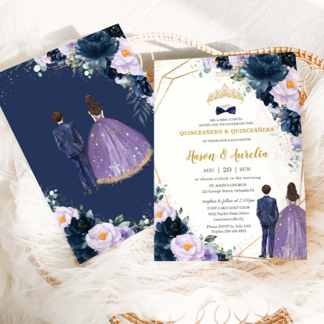 Quinceañera Purple Lilac Navy Blue Floral Twins  Invitation (Creator Uploaded)