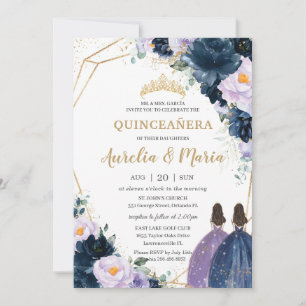 Quinceañera Purple Lilac Navy Blue Floral Twins Invitation