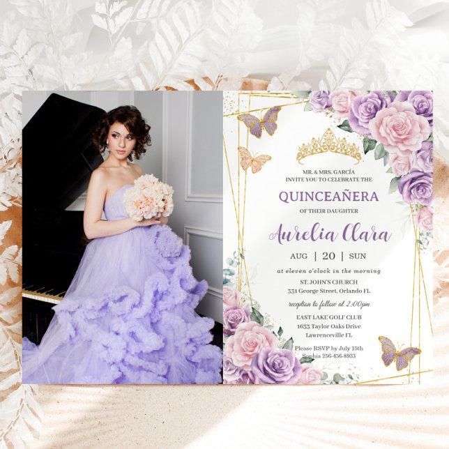 Quinceañera Purple Lilac Pink Floral Butterflies Invitation (Creator Uploaded)