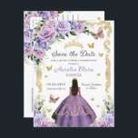 Quinceañera Purple Lilac Rose Floral Gold Princess Announcement Postcard<br><div class="desc">Personalise this lovely quinceañera save the date postcard with your own wording easily and quickly,  simply press the customise it button to further re-arrange and format the style and placement of the text.  Matching items available in store! (c) The Happy Cat Studio</div>