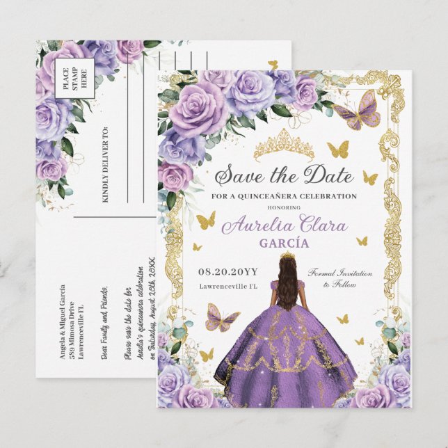 Quinceañera Purple Lilac Rose Floral Gold Princess Announcement Postcard (Front/Back)