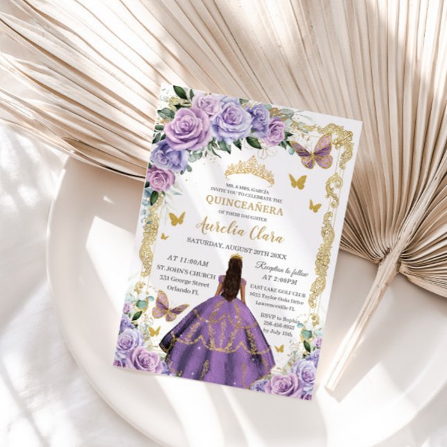 Quinceañera Purple Lilac Rose Floral Gold Princess Invitation (Creator Uploaded)
