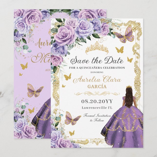 Quinceañera Purple Lilac Rose Floral Gold Princess Save The Date (Front/Back)