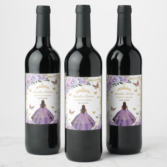 Quinceañera Purple Lilac Rose Floral Gold Princess Wine Label (Bottles)