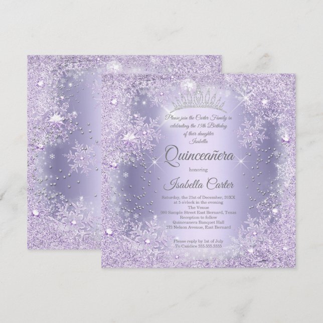 Quinceanera Purple Lilac Snowflake Winter party Invitation (Front/Back)