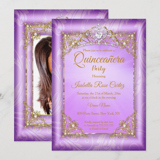 Quinceanera Purple pearl photo Gold Tiara party Invitation (Front/Back)