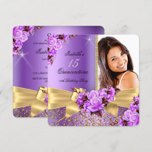 Quinceanera Purple Photo Gold Rose 15th Birthday Invitation