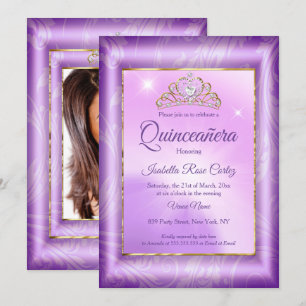Quinceanera Purple photo Gold Tiara party Invitation