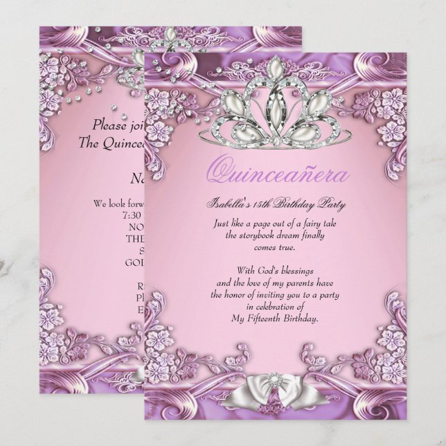 Quinceanera Purple Pink 15th Birthday Party Invitation (Front/Back)