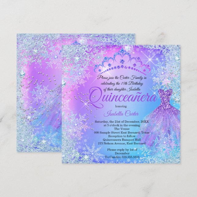 Quinceanera Purple Pink Blue Winter WonderLand Invitation (Front/Back)