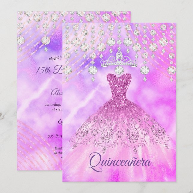 Quinceanera Purple Pink Dress 15th Birthday Party Invitation (Front/Back)