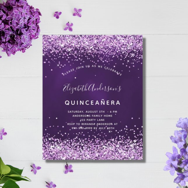 Quinceanera purple pink glitter budget invitation flyer (Creator Uploaded)