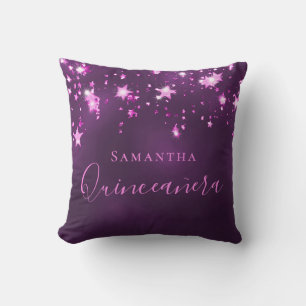 Quinceanera purple pink monogram name sparkle cushion