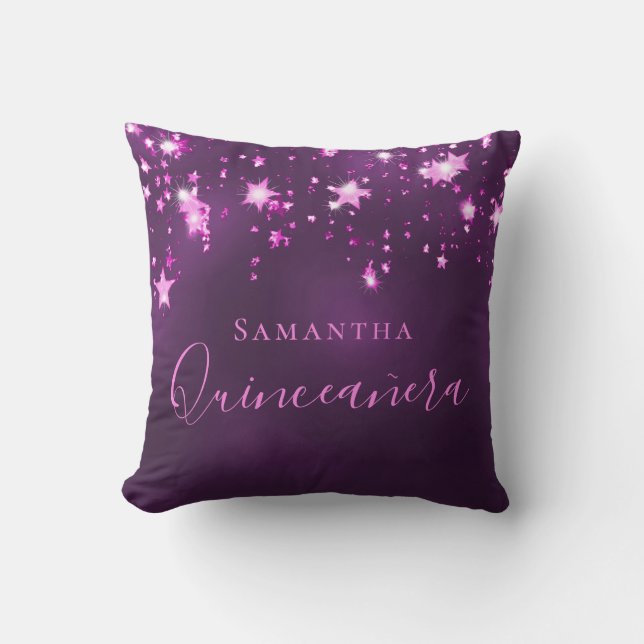 Quinceanera purple pink monogram name sparkle cushion (Front)