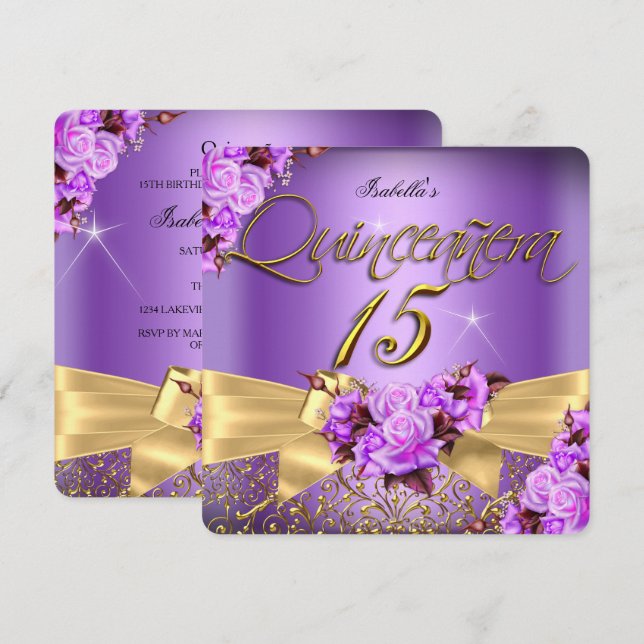 Quinceanera Purple Pink Rose Birthday Gold Bow Invitation (Front/Back)