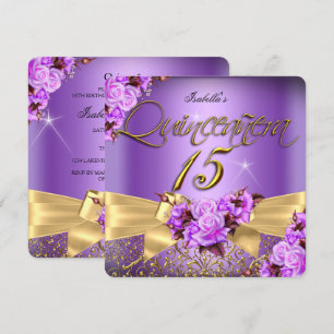 Quinceanera Purple Pink Rose Birthday Gold Bow Invitation
