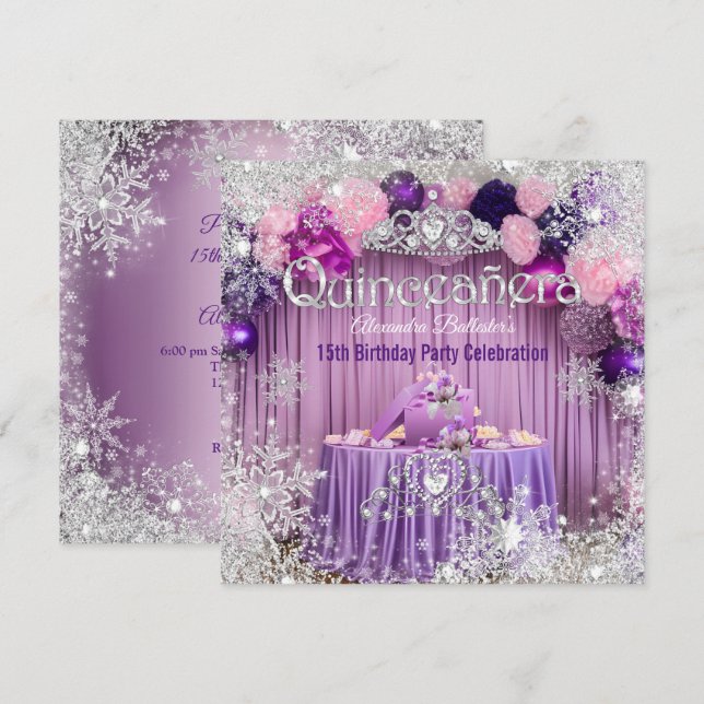 Quinceanera Purple Pink Silver Tiara Snowflake  Invitation (Front/Back)