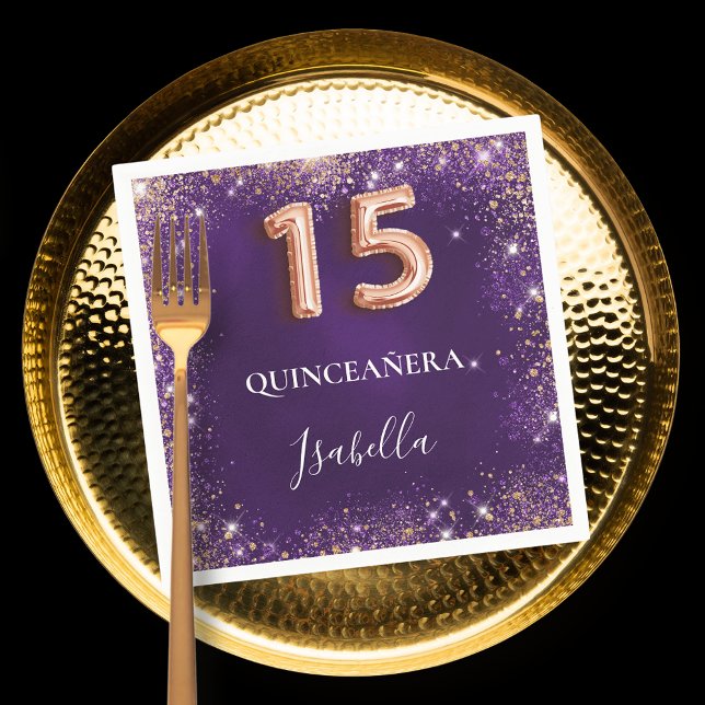 Quinceanera purple rose gold sparkles name napkin (Creator Uploaded)