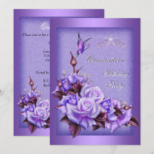 Quinceanera Purple Roses Butterfly Floral 2a Invitation