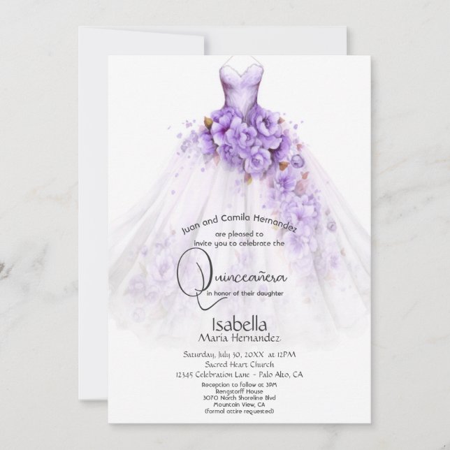 Quinceañera | Purple Roses Floral Gown Invitation (Front)