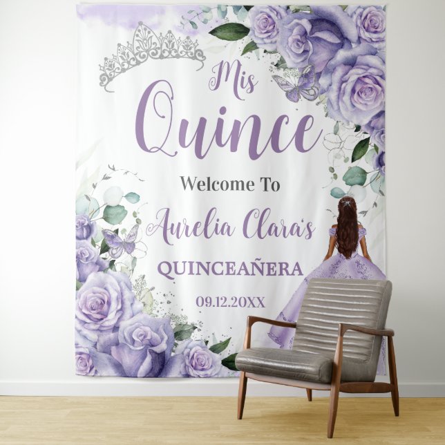 Quinceañera Purple Roses Floral Princess Welcome Tapestry (In Situ)