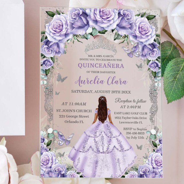 Quinceañera Purple Roses Floral Silver Princess Acrylic Invitations (Creator Uploaded)