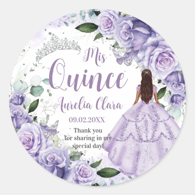 Quinceañera Purple Roses Floral Silver Princess Classic Round Sticker (Front)