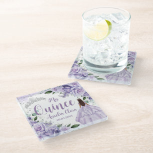 Quinceañera Purple Roses Floral Silver Princess Glass Coaster