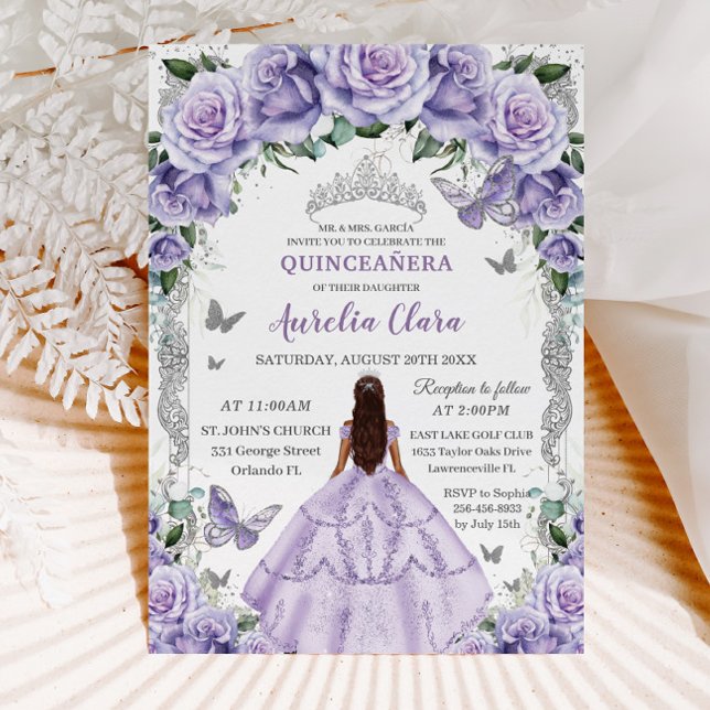 Quinceañera Purple Roses Floral Silver Princess Invitation (Creator Uploaded)