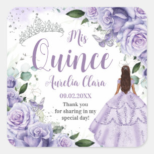Quinceañera Purple Roses Floral Silver Princess Square Sticker