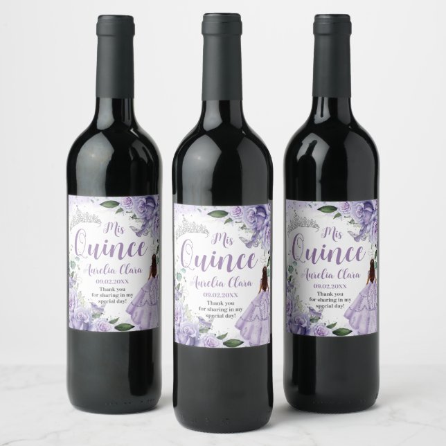Quinceañera Purple Roses Floral Silver Princess Wine Label (Bottles)