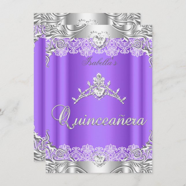 Quinceanera Purple Silver Diamond Tiara 15th Party Invitation (Front/Back)