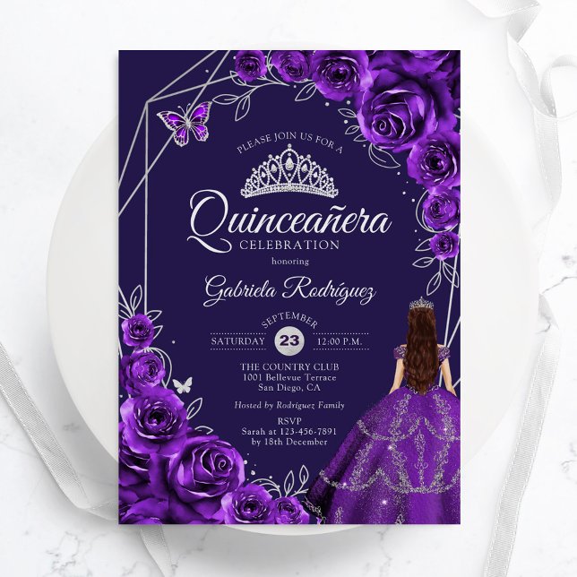 Quinceanera Purple Silver Dress Floral Invitation (Creator Uploaded)