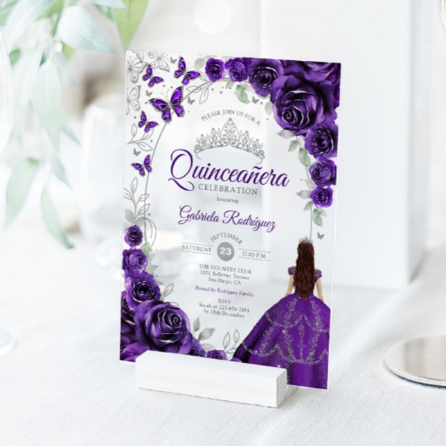 Quinceanera Purple Silver Floral Acrylic Invitations (Creator Uploaded)