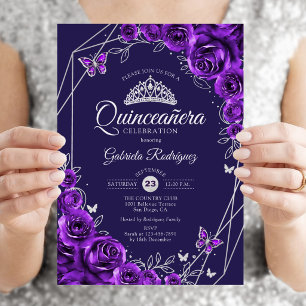Quinceanera Purple Silver Floral Invitation