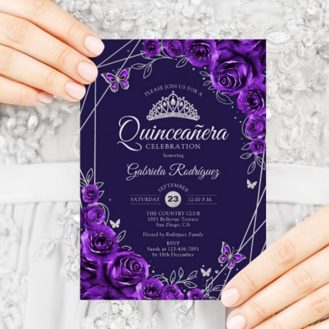 Quinceanera Purple Silver Floral Invitation (Creator Uploaded)