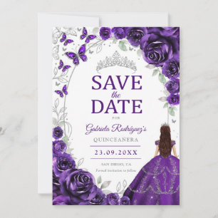 Quinceanera Purple Silver Floral Save The Date