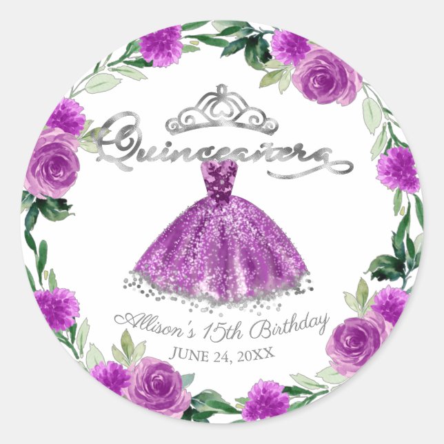 Quinceanera Purple Silver Gown Floral Classic Round Sticker (Front)
