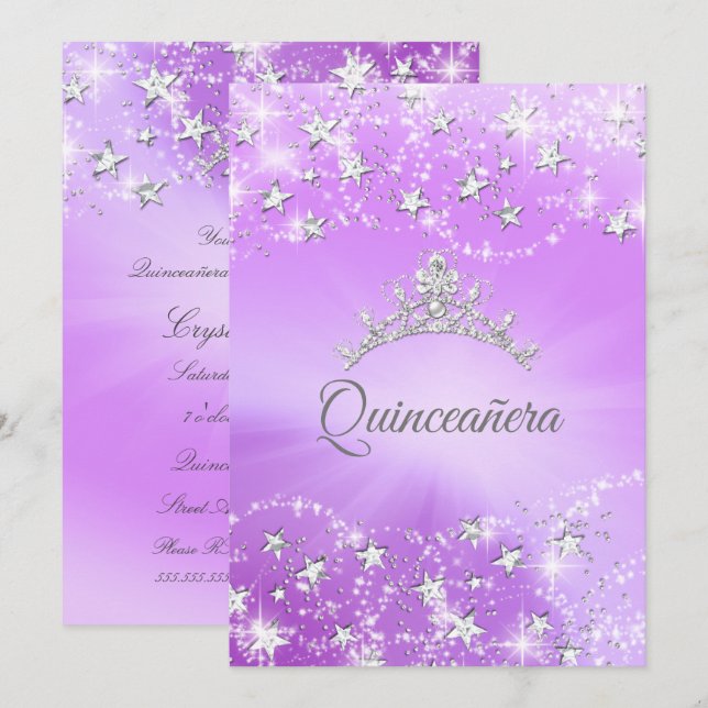 Quinceanera Purple Silver Sparkle Tiara Stars Invitation (Front/Back)