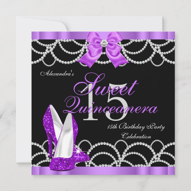 Quinceanera Purple Sweet 15 Party Glitter Black Invitation (Front)