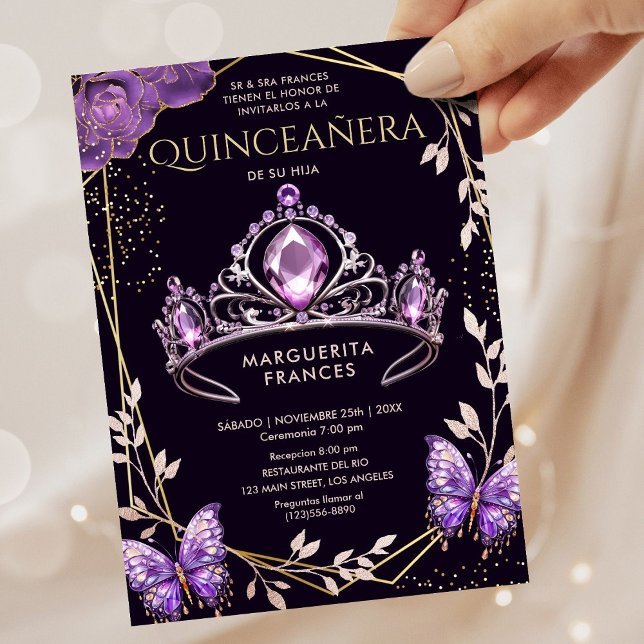 Quinceañera Purple Tiara Floral Butterfly Spanish  Invitation (Creator Uploaded)