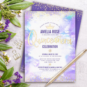 Quinceañera Purple Watercolor Glam Crown Real Gold